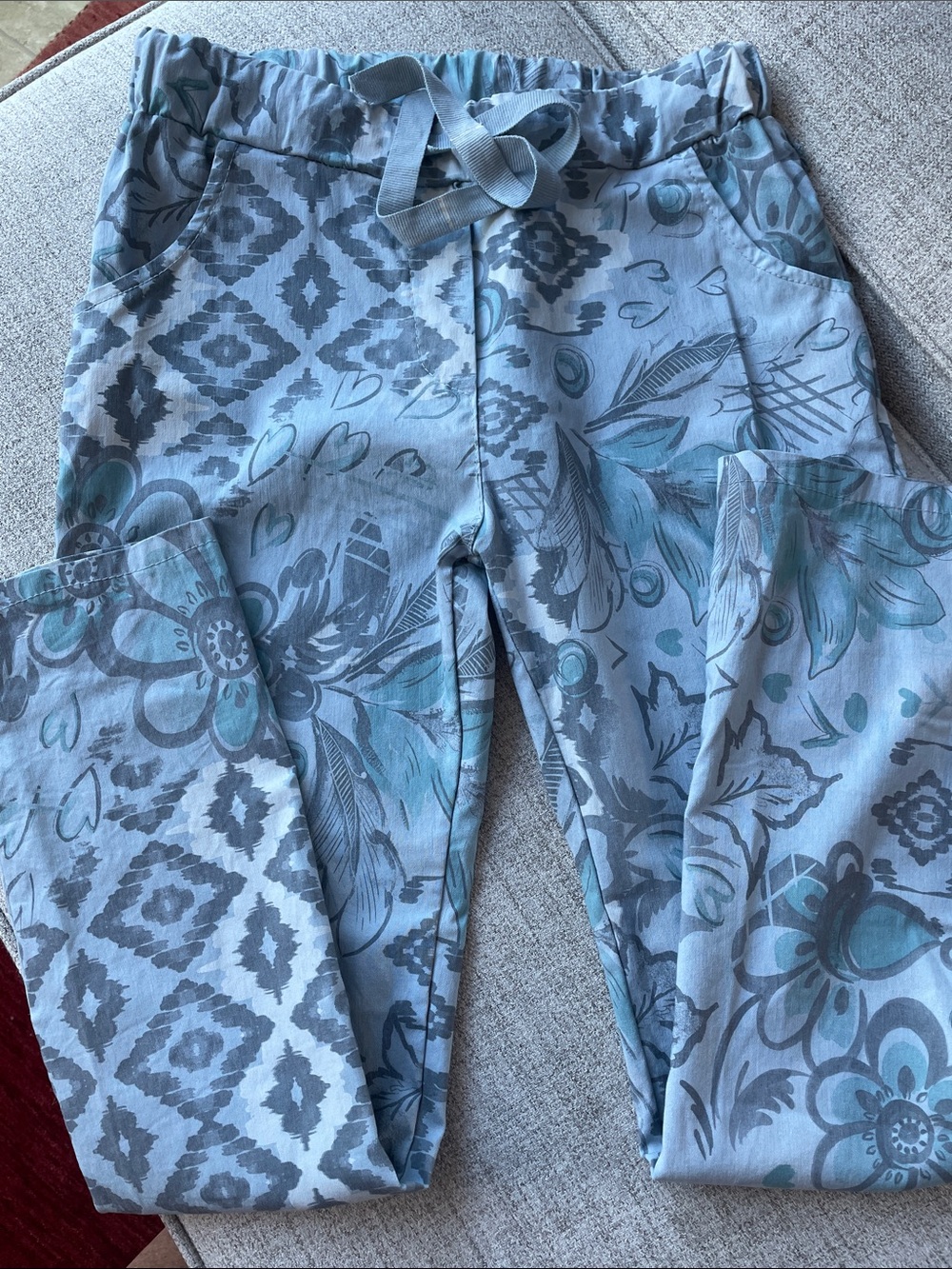 Made in Italy Light Blue Floral-Print Womens stretch pull on pants